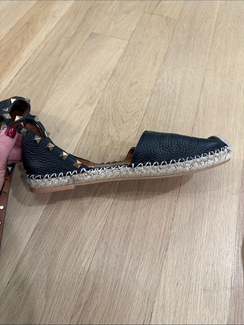 Valentino Black Leather Studded Espadrille Sandals with Natural Toe Cap - Picture 4 of 5